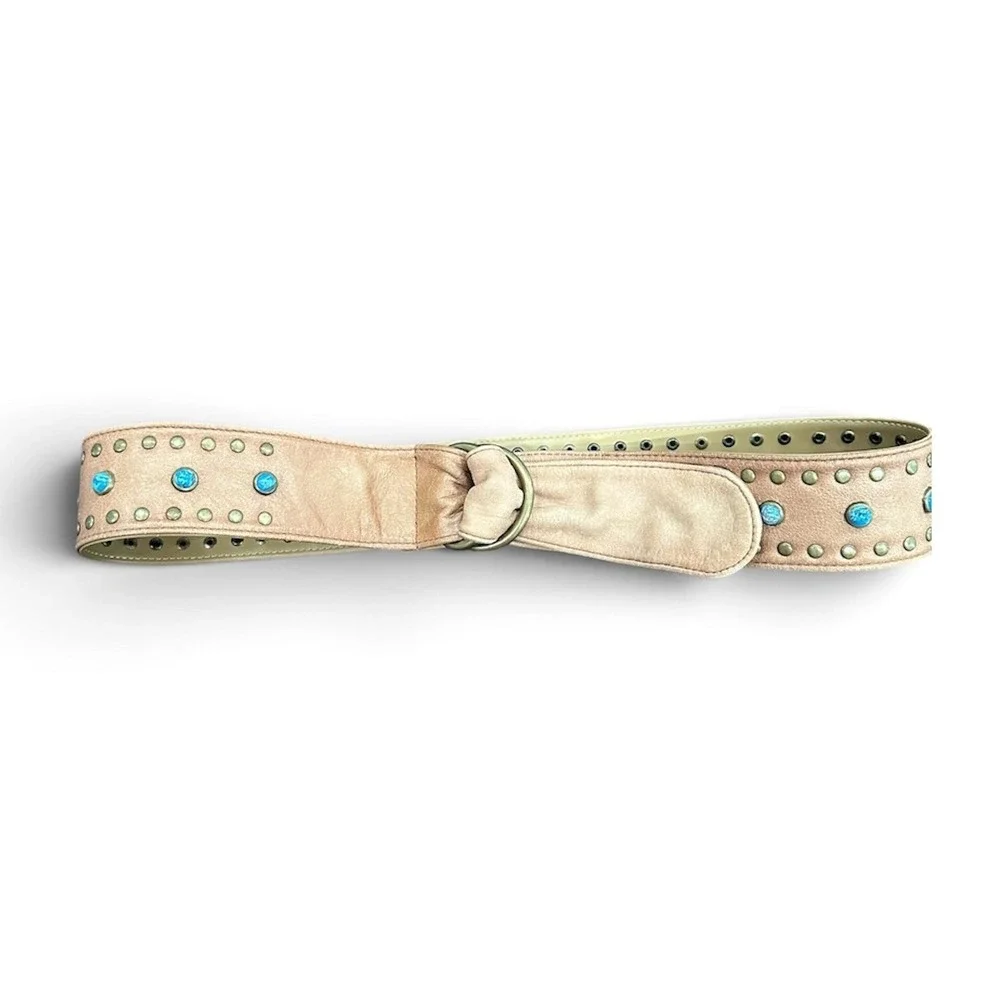 Genuine Italian Leather Turquoise Studded Boho D-Ring Belt Tan Brown Medium